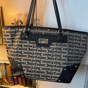 Juicy Couture Black/Beige Lg Tote Bag Gold Tone Hardware Black Faux Leather Trim